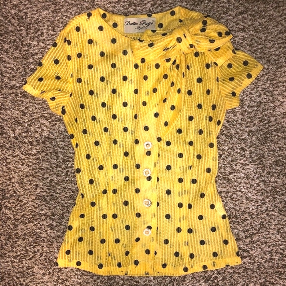 🐱🖤 Beautiful Bettie Paige Yellow Black Polka Dot Vintage Top S 🖤🐱